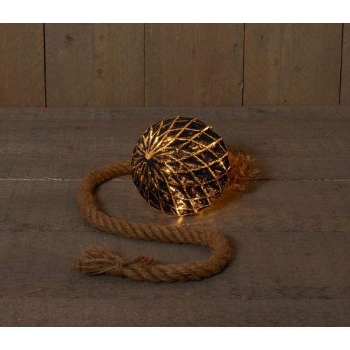 B.O. BAL GLAS ZWART/GOUD 15CM AAN TOUW / 15LED WARM WIT
