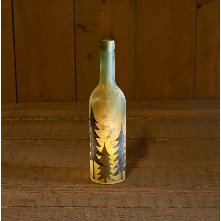 B.O. GLAZEN FLES GROEN 29CM MET BOOMPRINT 5LED WARM WIT