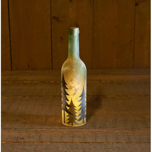 B.O. GLAZEN FLES GROEN 29CM MET BOOMPRINT 5LED WARM WIT